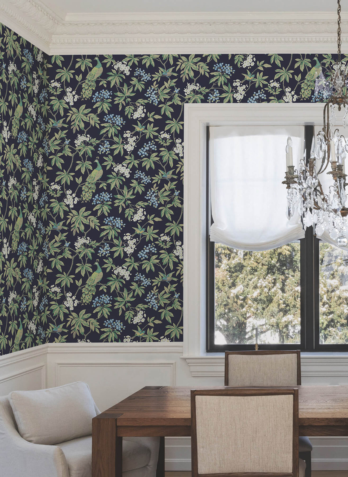 Ronald Redding Astoria Peacock Estate Wallpaper Sample - Navy