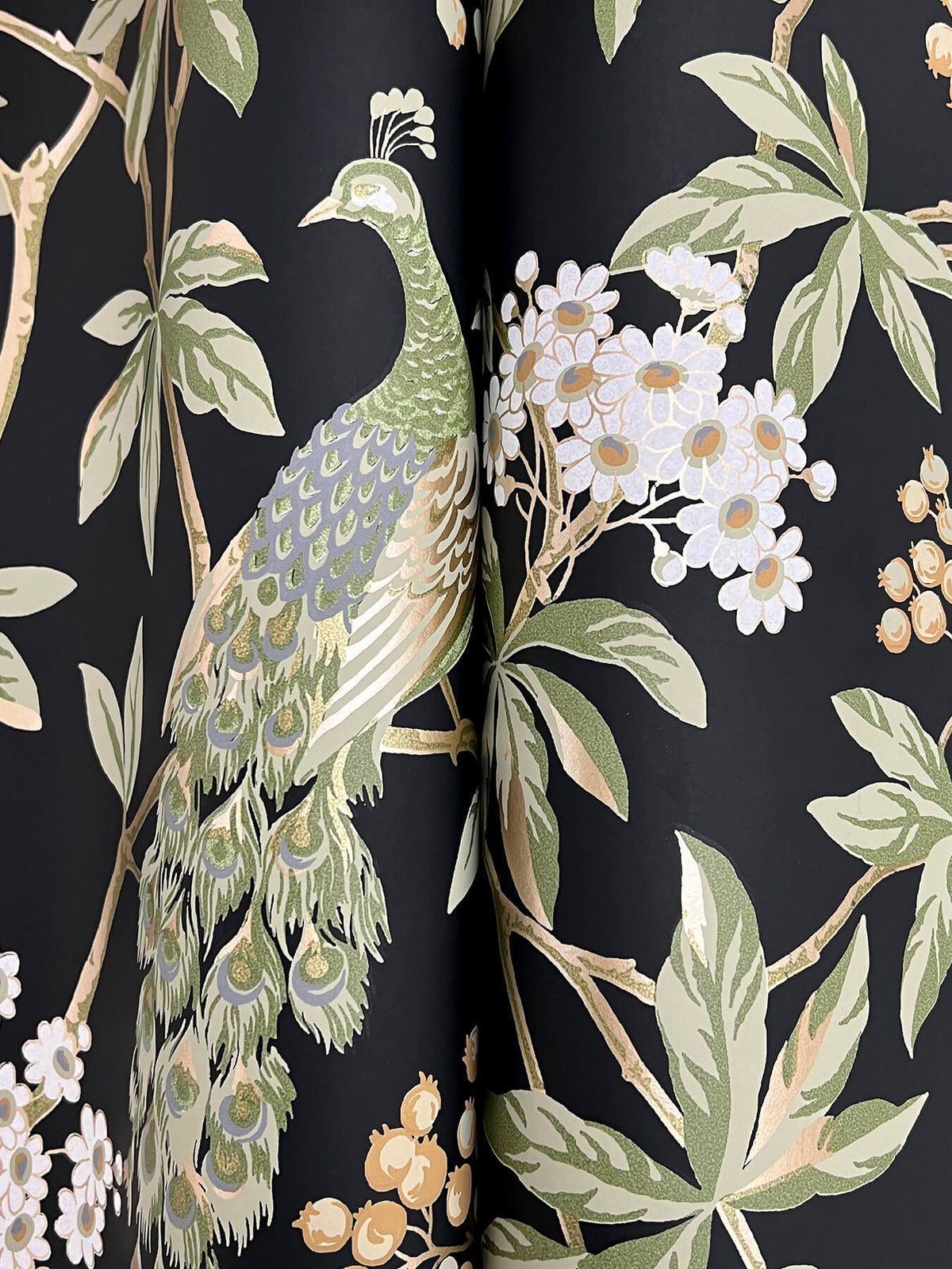 Ronald Redding Astoria Peacock Estate Wallpaper Sample - Black
