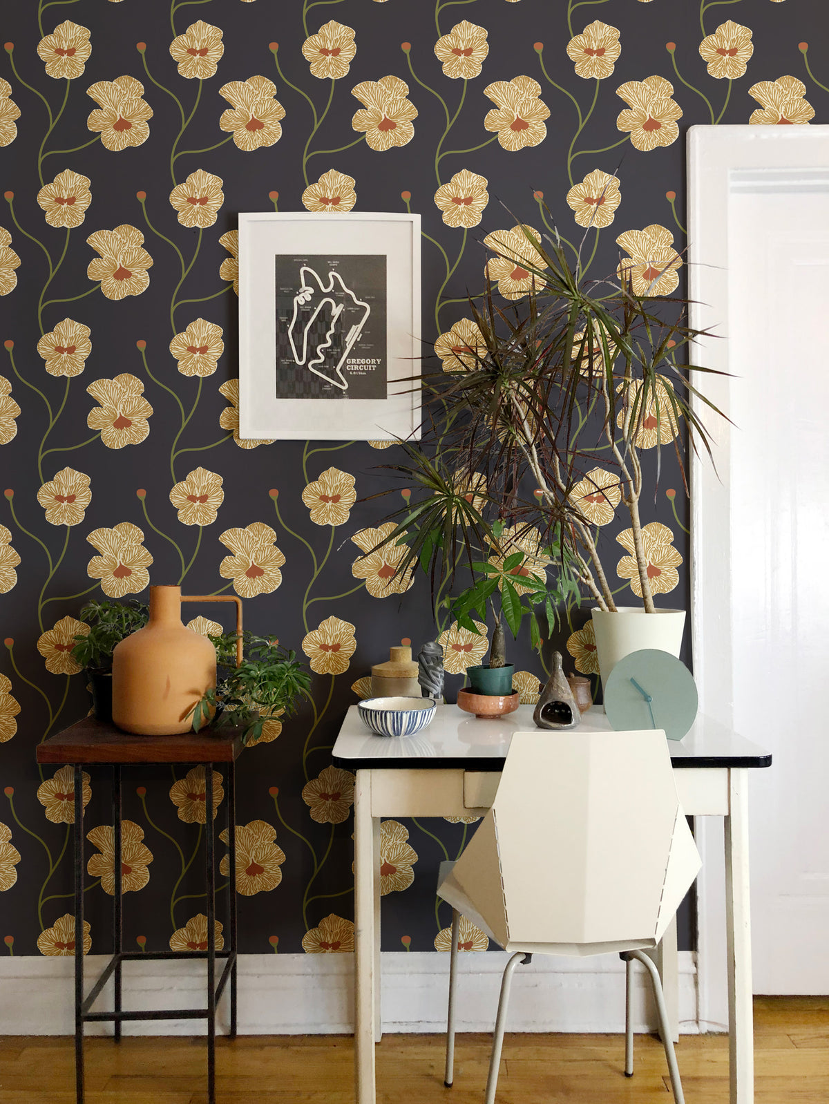 Mitchell Black Natalie Papier Flourish Floral Wallpaper Sample - Saffron Night