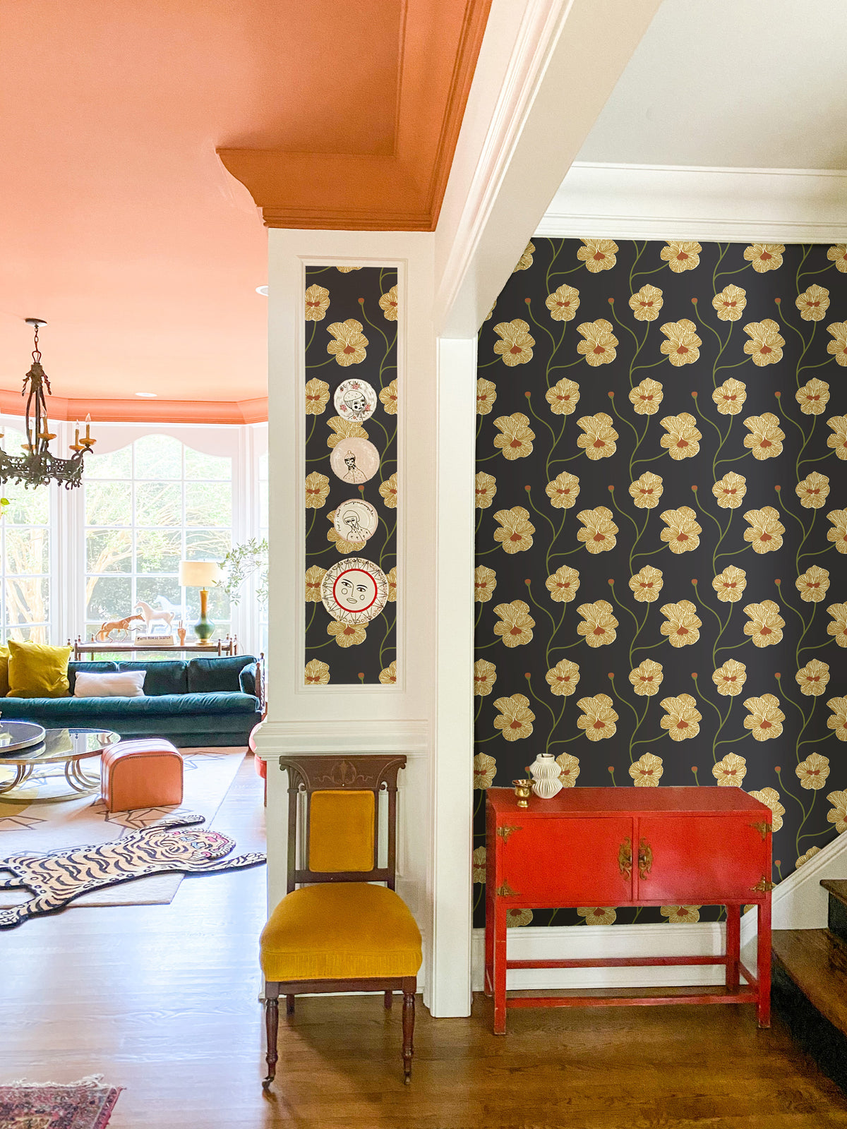 Mitchell Black Natalie Papier Flourish Floral Wallpaper Sample - Saffron Night
