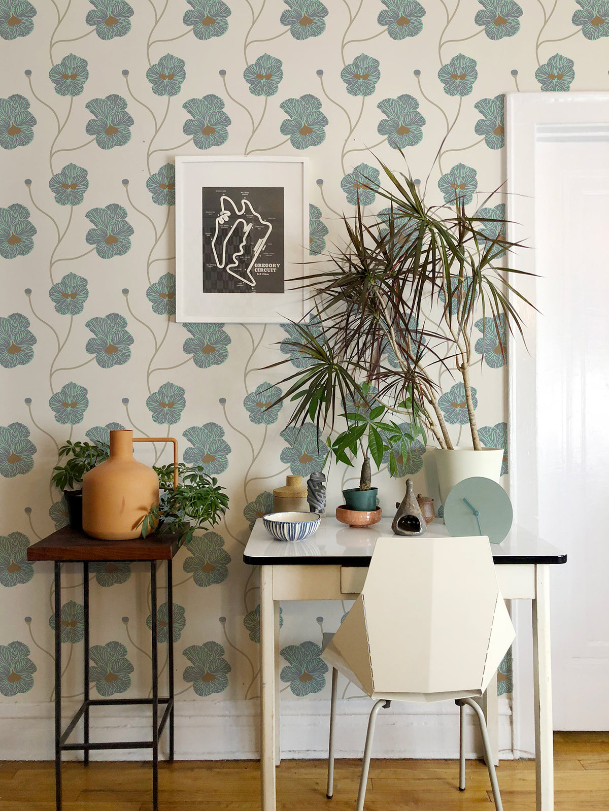 Mitchell Black Natalie Papier Flourish Floral Wallpaper Sample - Sunbleached Teal