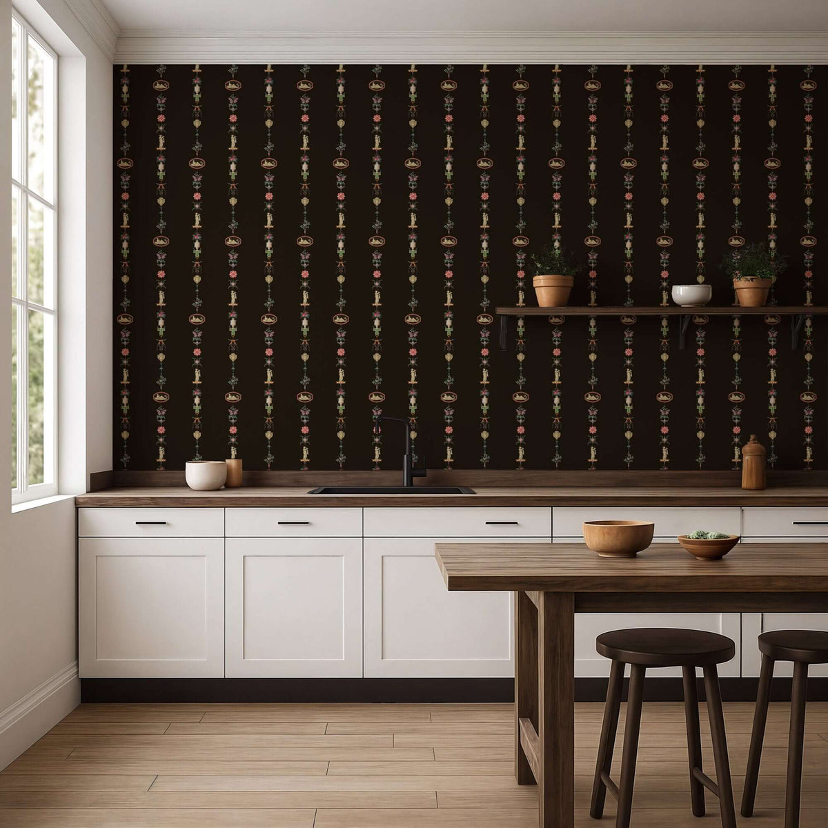 Mitchell Black NeoClassical Stripe Wallpaper - Black Lacquer