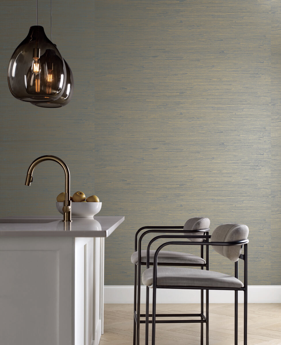 Candice Olson Modern Nature Metallic Jute Wallpaper Sample - Blue & Gold