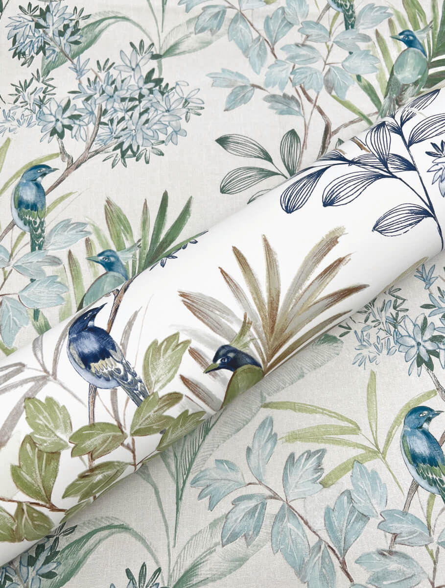 York Watercolor Botanicals Handpainted Songbird Peel & Stick Wallpaper Sample - Green & Blue