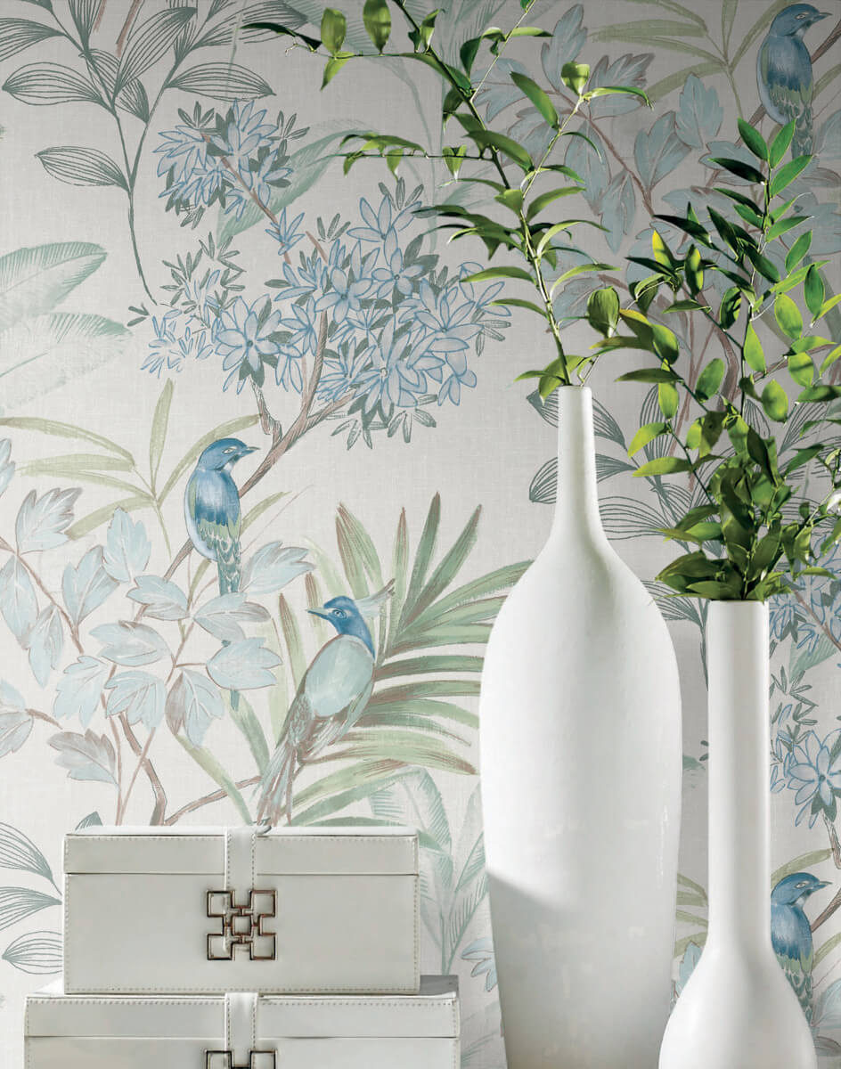 York Watercolor Botanicals Handpainted Songbird Peel & Stick Wallpaper Sample - Turquoise