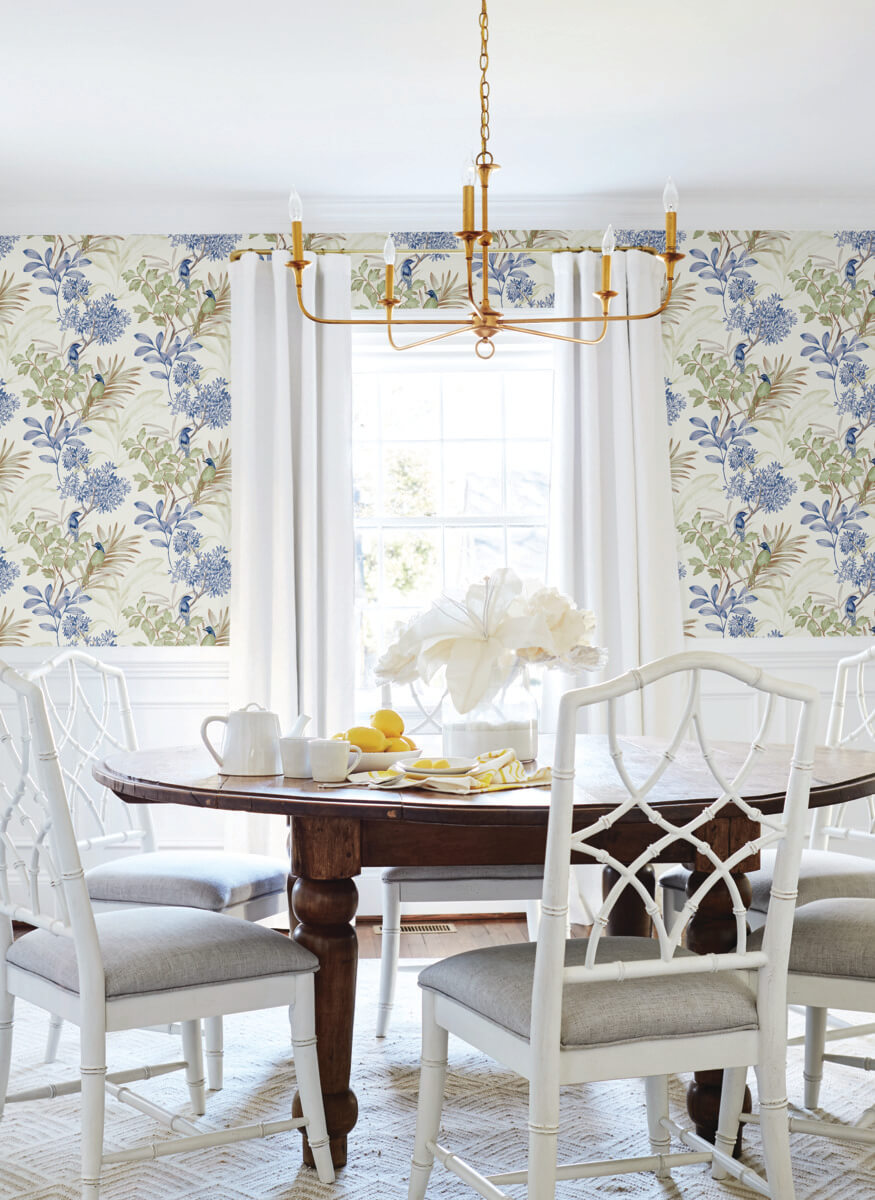 York Watercolor Botanicals Handpainted Songbird Peel & Stick Wallpaper Sample - Green & Blue