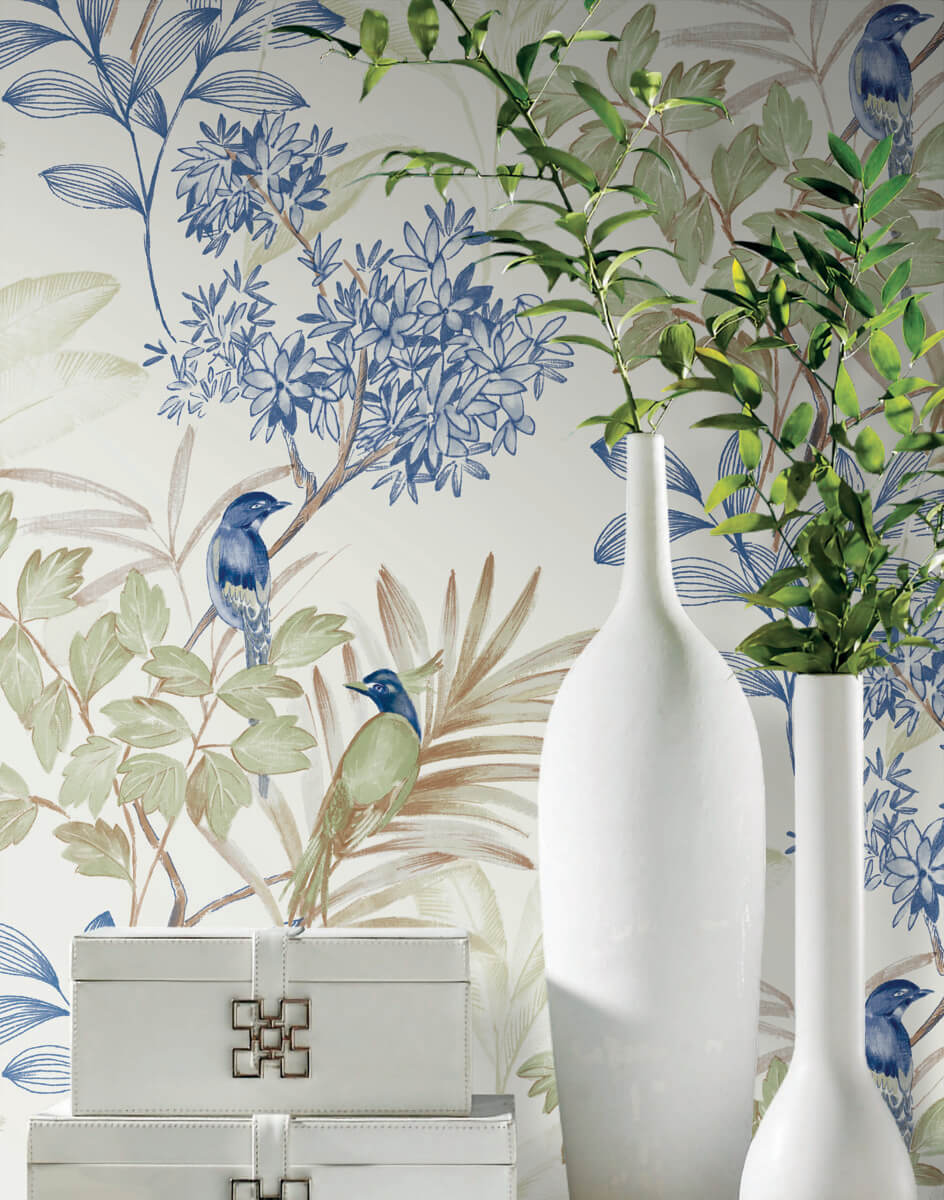 York Watercolor Botanicals Handpainted Songbird Peel & Stick Wallpaper Sample - Green & Blue