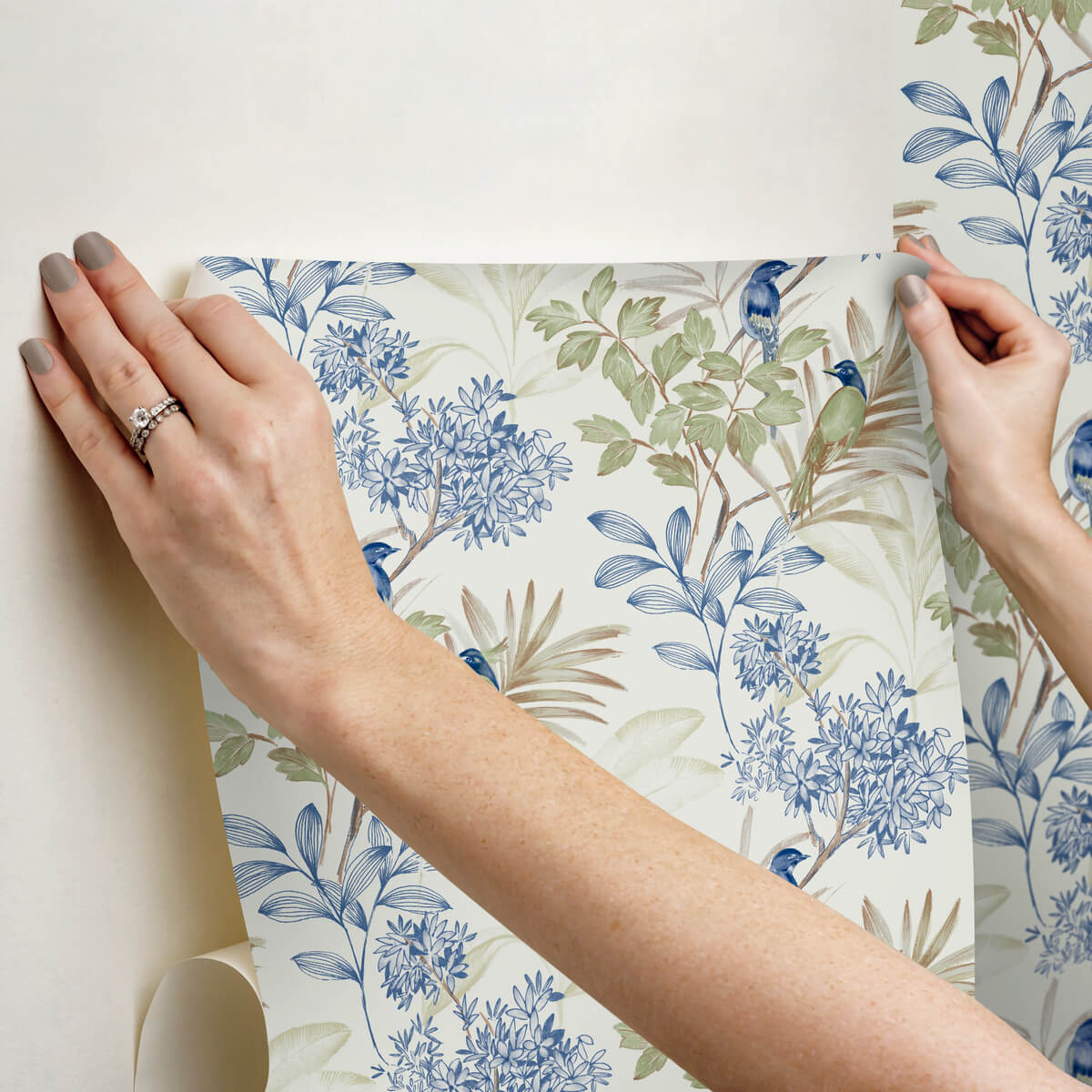 York Watercolor Botanicals Handpainted Songbird Peel & Stick Wallpaper Sample - Green & Blue
