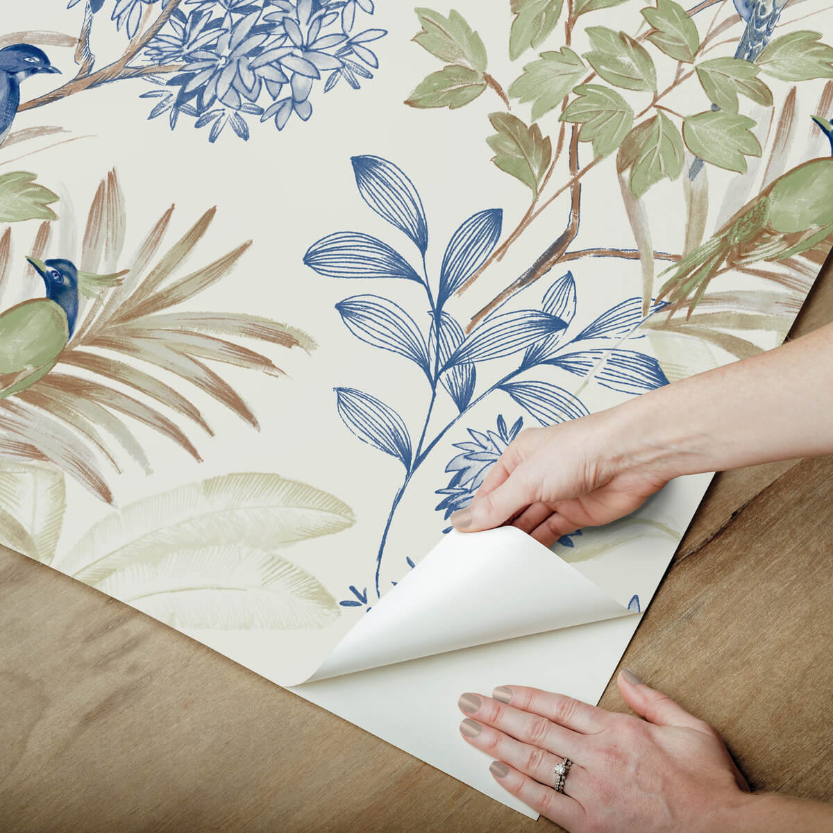 York Watercolor Botanicals Handpainted Songbird Peel & Stick Wallpaper Sample - Green & Blue