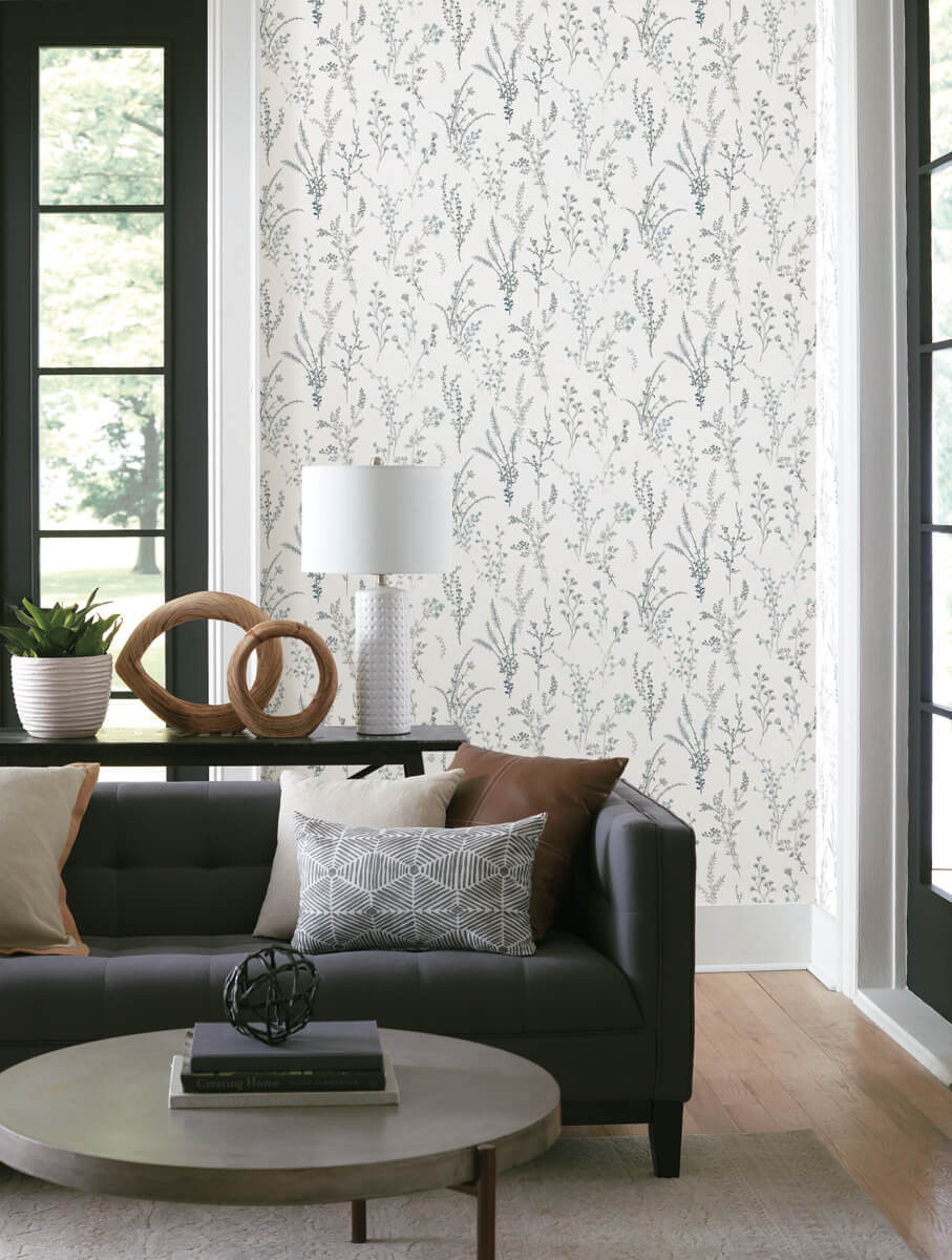 York Watercolor Botanicals Wildflower Sprigs Peel & Stick Wallpaper - Blue & Green