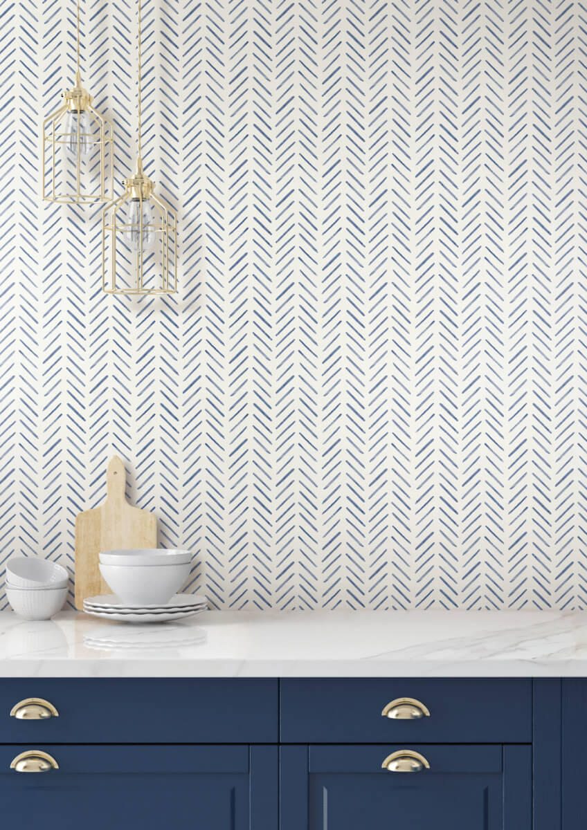 York Watercolor Botanicals Painted Herringbone Peel & Stick Wallpaper - Navy