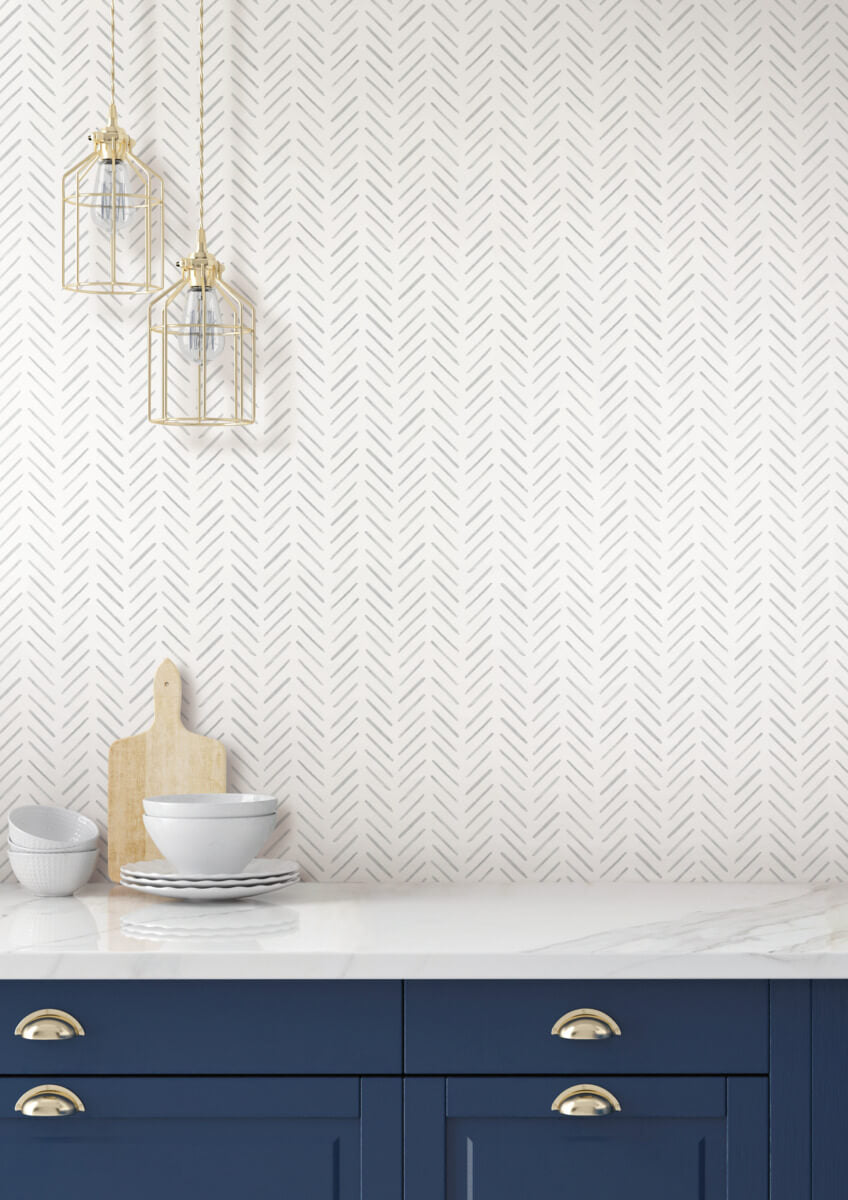 York Watercolor Botanicals Painted Herringbone Peel & Stick Wallpaper Sample - Fog