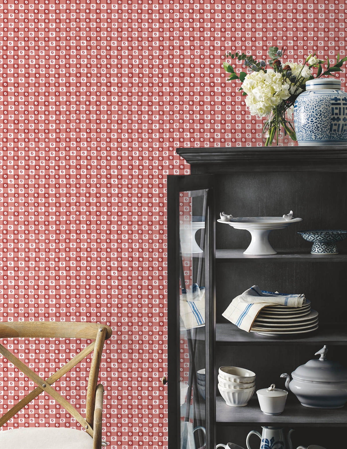 Rifle Paper Co. Daisy Gingham Peel & Stick Wallpaper Sample - Red