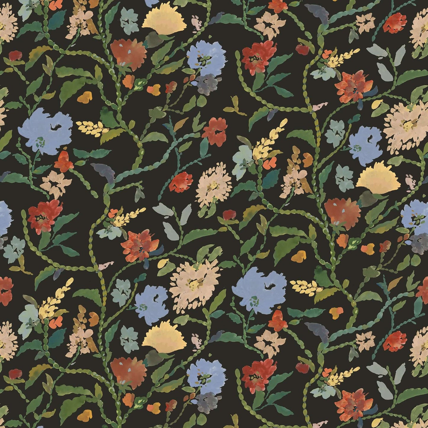 Mitchell Black Painted Flower Patch Wallpaper Sample - Midnight Bloom