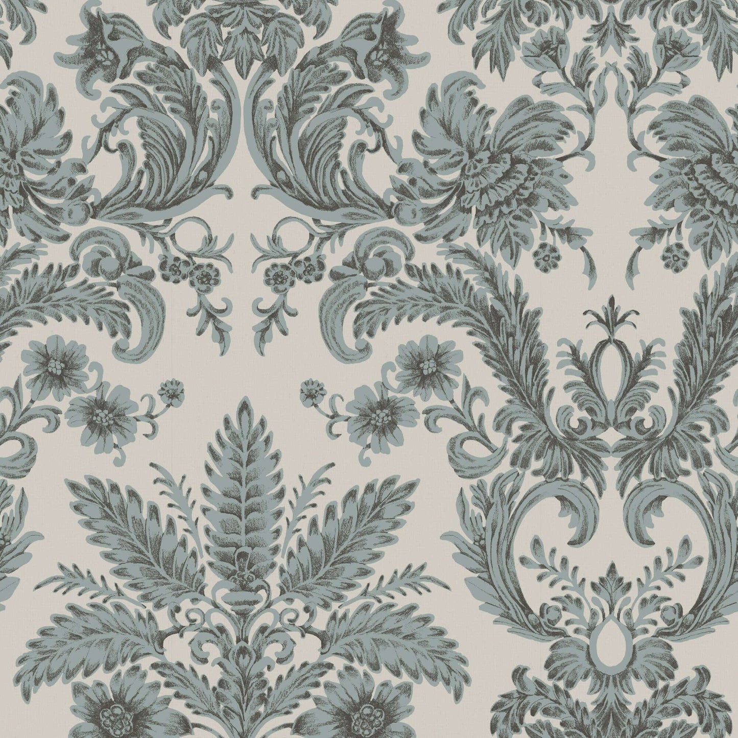 Decorative pattern with blue floral and leaf designs on a light background