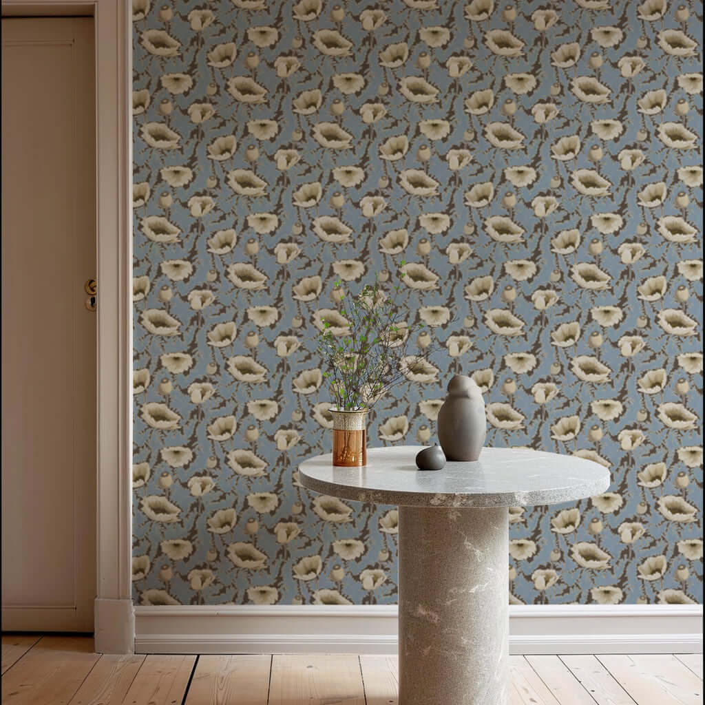 Mitchell Black Poppy Bloom Wallpaper - Brownstone Blue