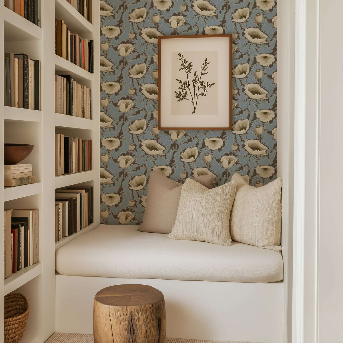 Mitchell Black Poppy Bloom Wallpaper - Brownstone Blue