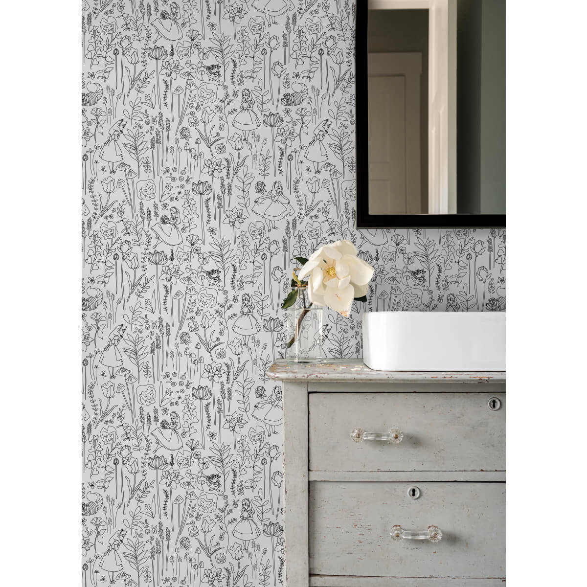 Disney Alice in Wonderland Garden Peel & Stick Wallpaper Sample - Black & White