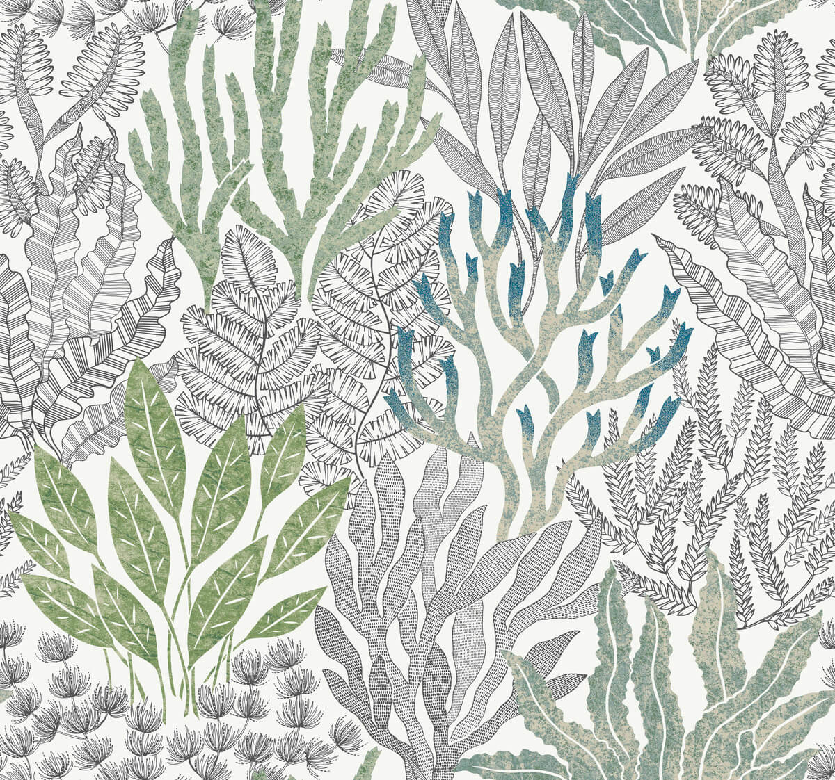 York Toile Coral Leaves Wallpaper - Green & Blue