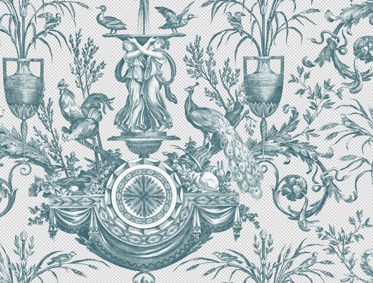 York Toile Avian Fountain Toile Wallpaper Sample - Teal