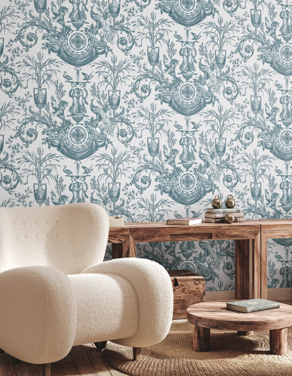 York Toile Avian Fountain Toile Wallpaper Sample - Teal