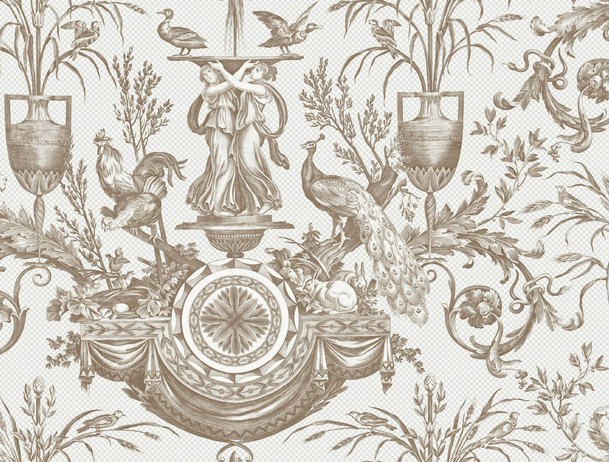 York Toile Avian Fountain Toile Wallpaper - Sepia