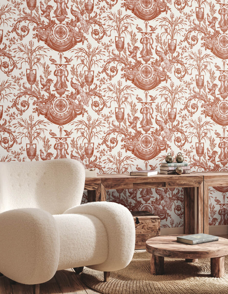 York Toile Avian Fountain Toile Wallpaper - Red