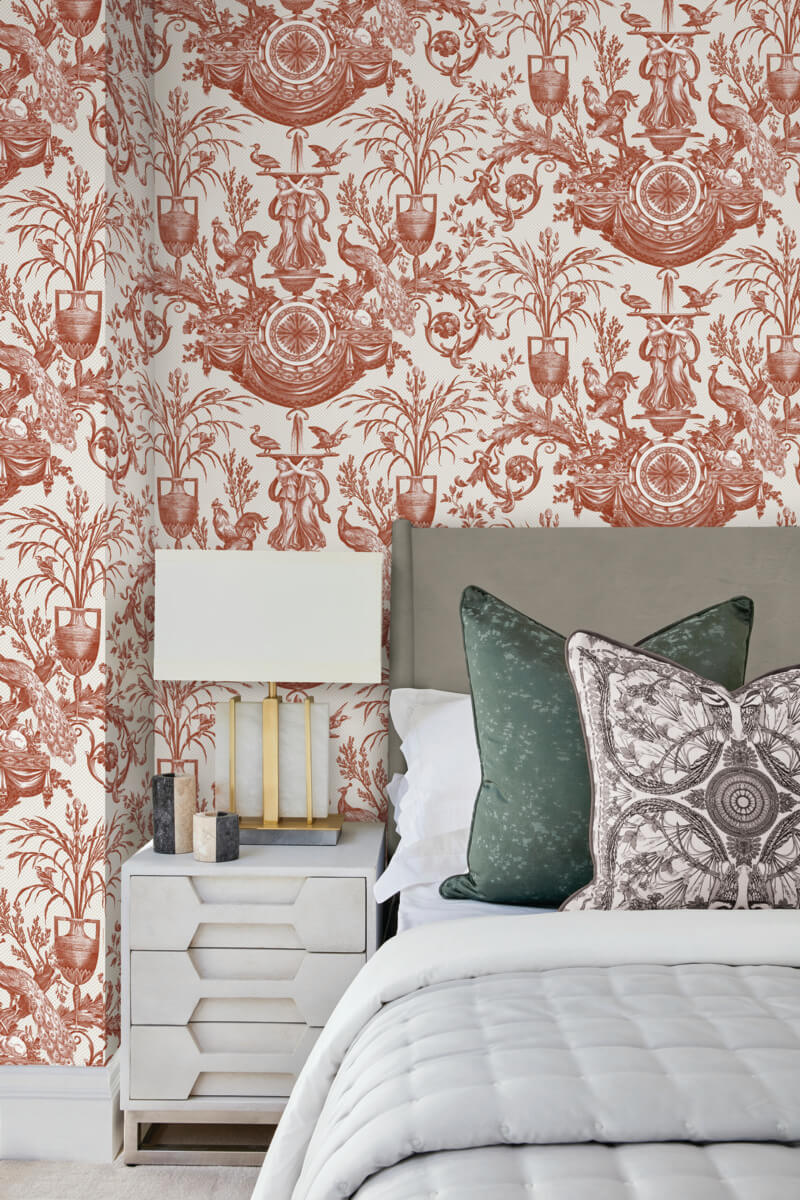 York Toile Avian Fountain Toile Wallpaper - Red