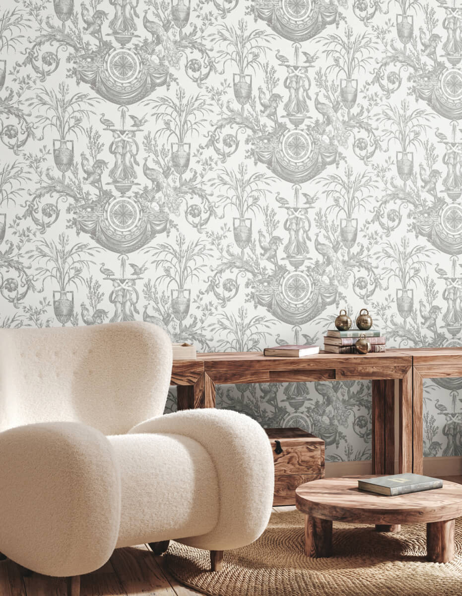 York Toile Avian Fountain Toile Wallpaper Sample - Gray