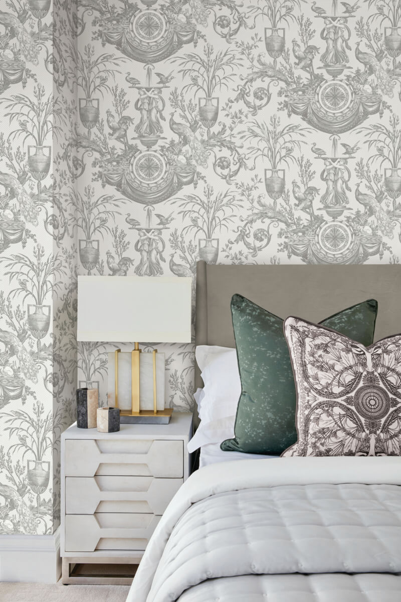 York Toile Avian Fountain Toile Wallpaper Sample - Gray