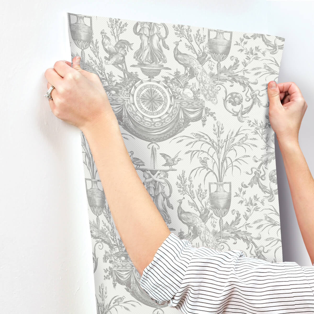 York Toile Avian Fountain Toile Wallpaper Sample - Gray