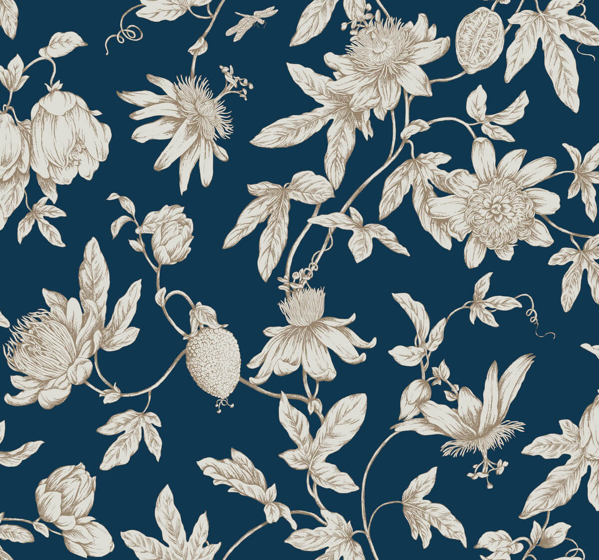 York Toile Passion Flower Toile Wallpaper - Navy Blue