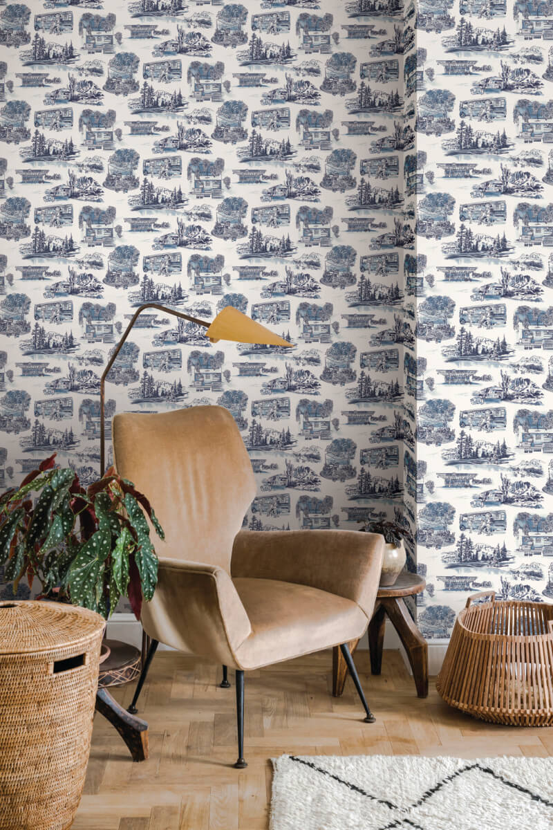 York Toile Modern Vista Toile Wallpaper Sample - Blue