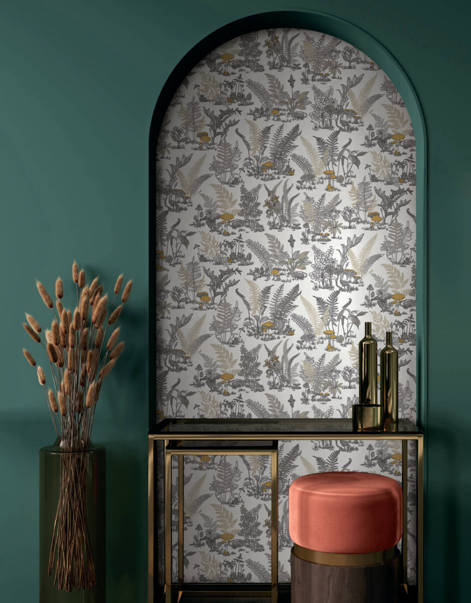 York Toile Mushroom Garden Toile Wallpaper - Gray