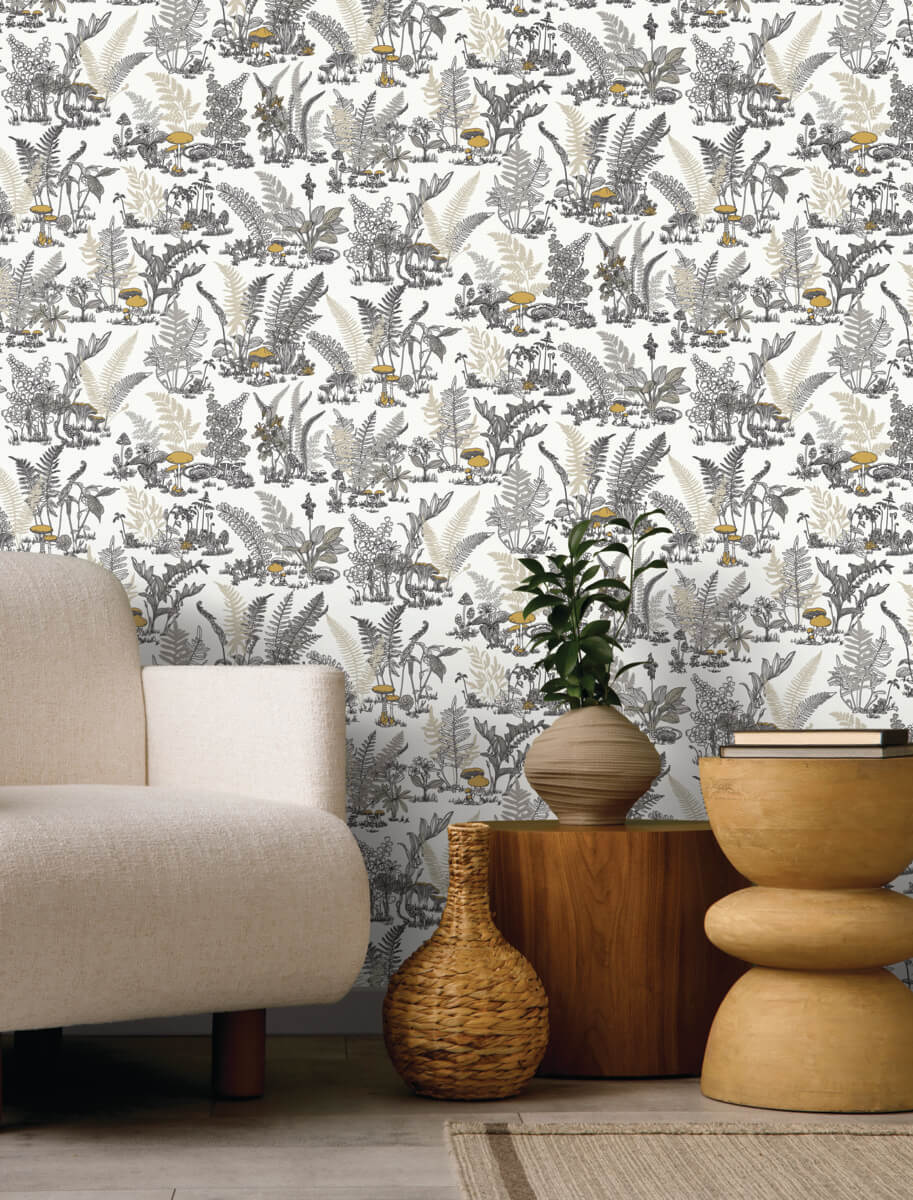 York Toile Mushroom Garden Toile Wallpaper - Gray