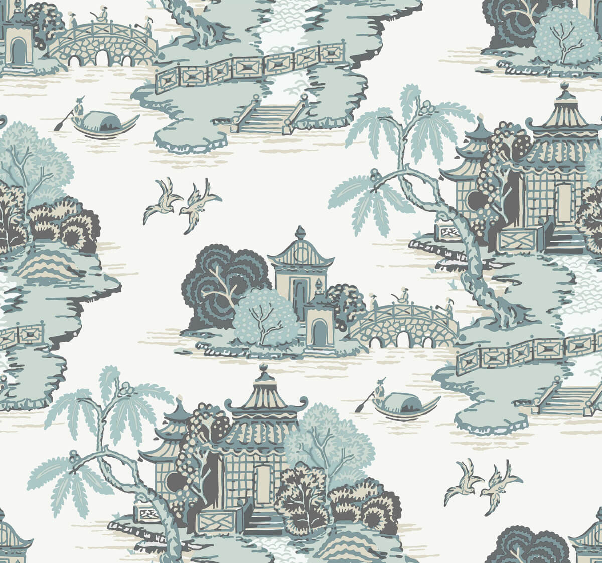 York Toile Pagoda And Sampan Scenic Wallpaper - Blue