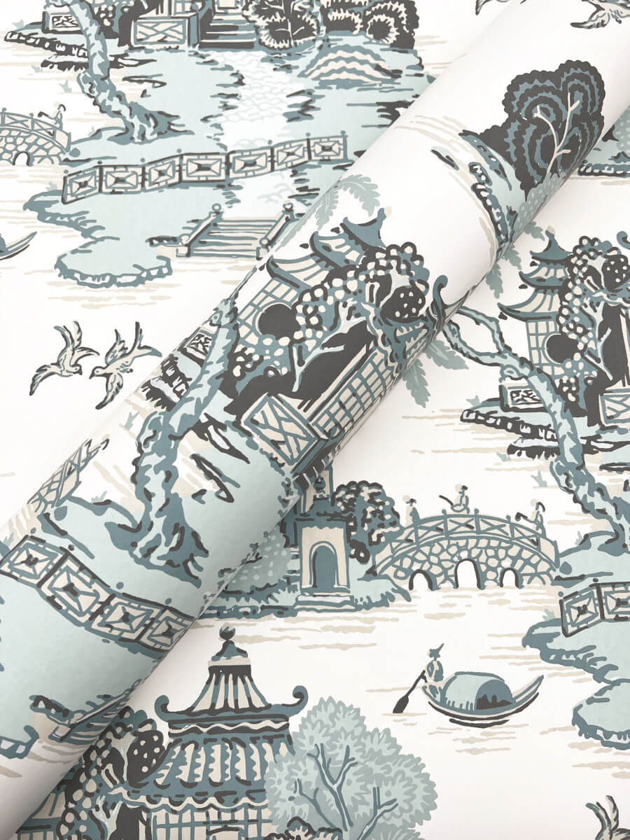 York Toile Pagoda And Sampan Scenic Wallpaper - Blue