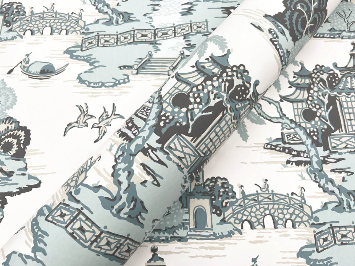 York Toile Pagoda And Sampan Scenic Wallpaper - Blue