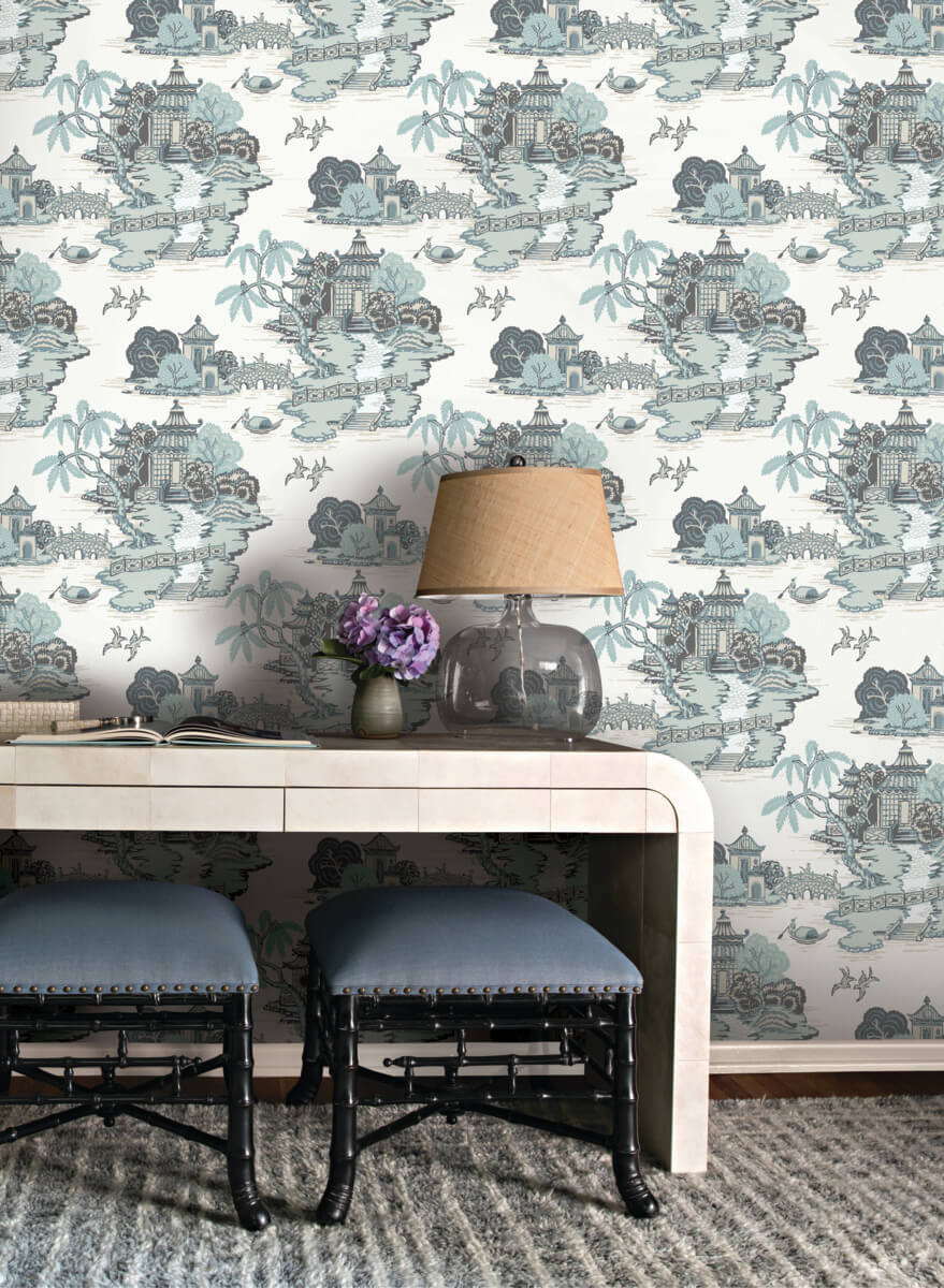 York Toile Pagoda And Sampan Scenic Wallpaper - Blue