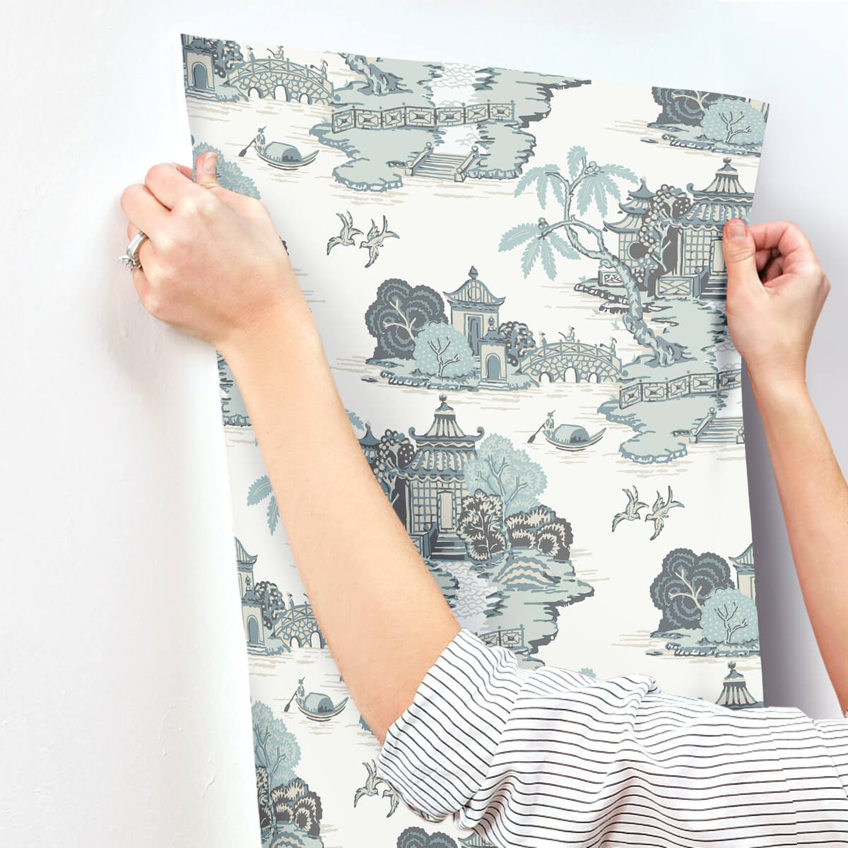 York Toile Pagoda And Sampan Scenic Wallpaper - Blue