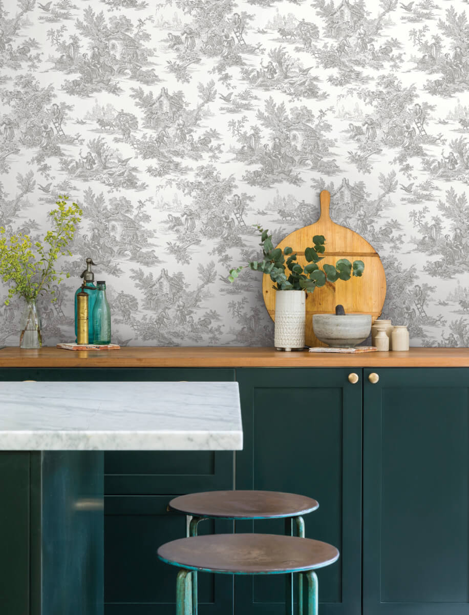 York Toile Campagne Toile Wallpaper Sample - Gray