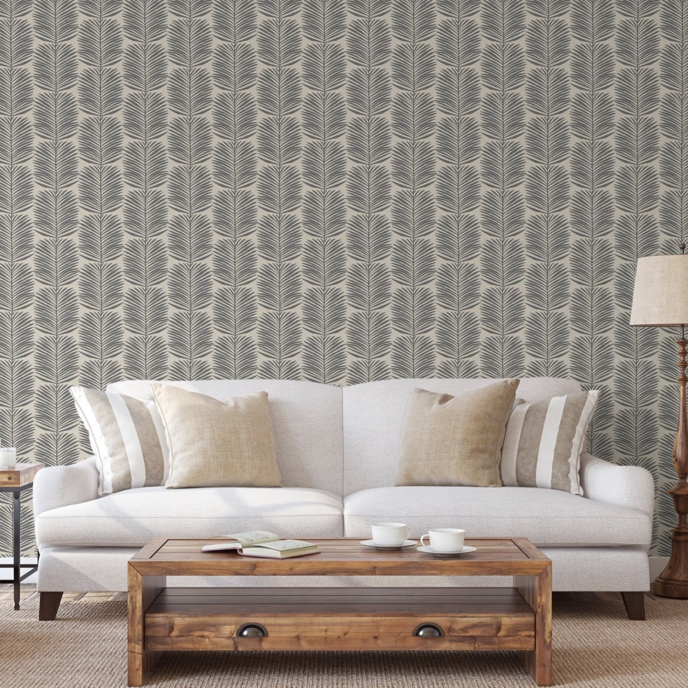 Mitchell Black Organic Betty White Palm Leaves Wallpaper - Cashmere