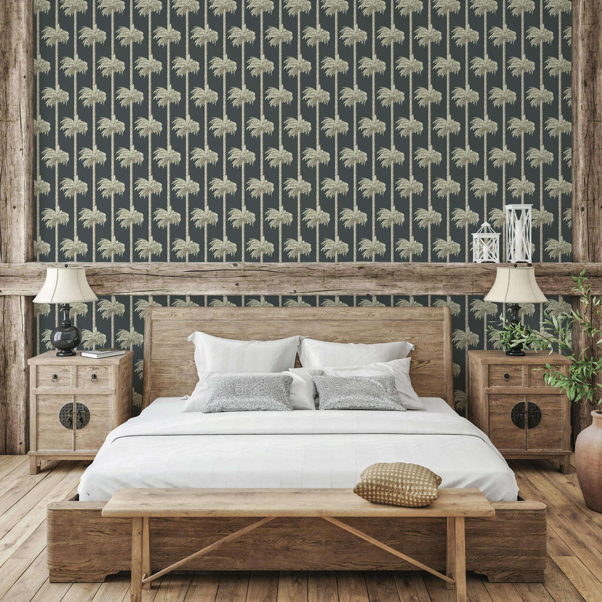 Mitchell Black Retro Tiki Palm Trees Wallpaper - Black