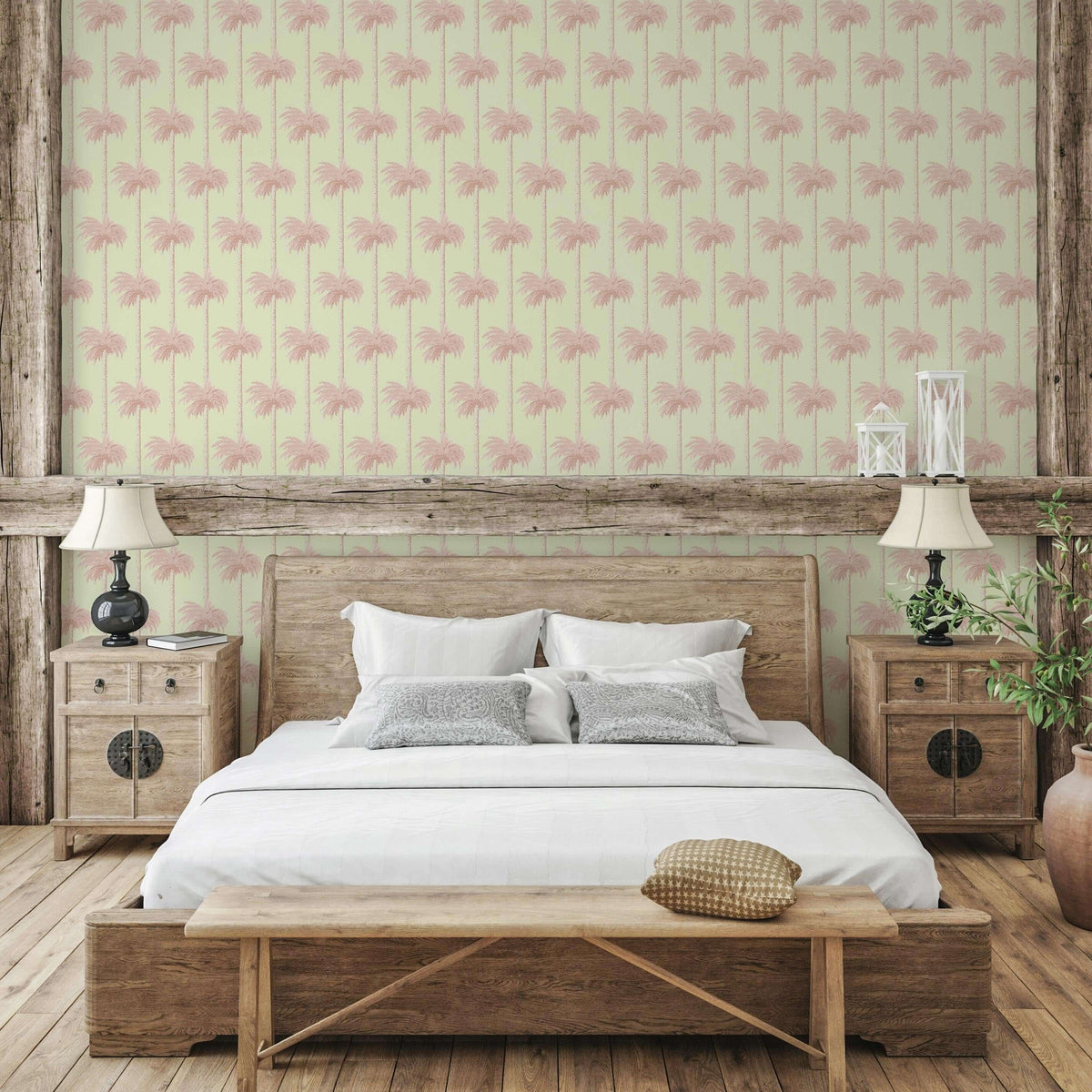 Mitchell Black Retro Tiki Palm Trees Wallpaper - Pink