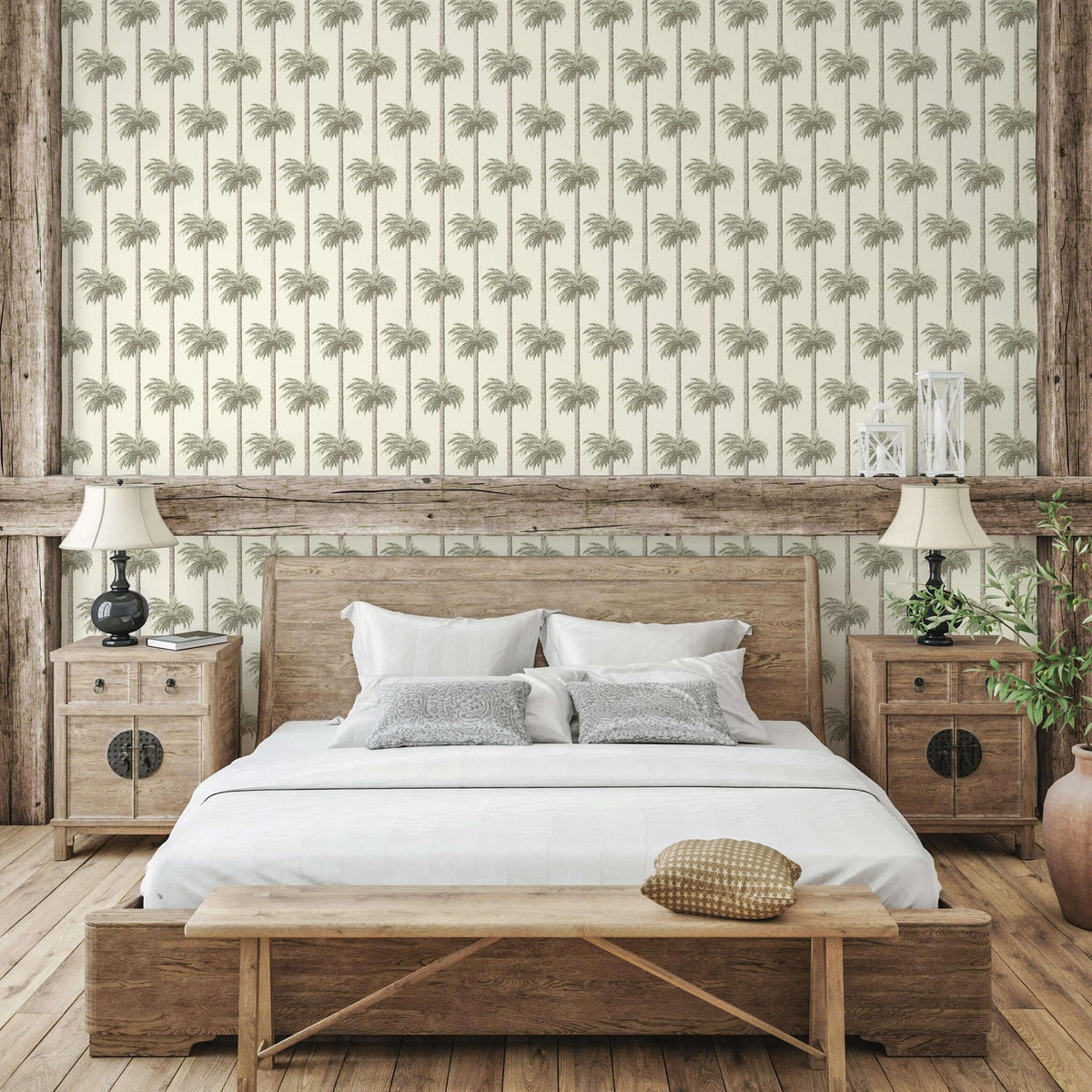 Mitchell Black Retro Tiki Palm Trees Wallpaper - Sunbleached Beige
