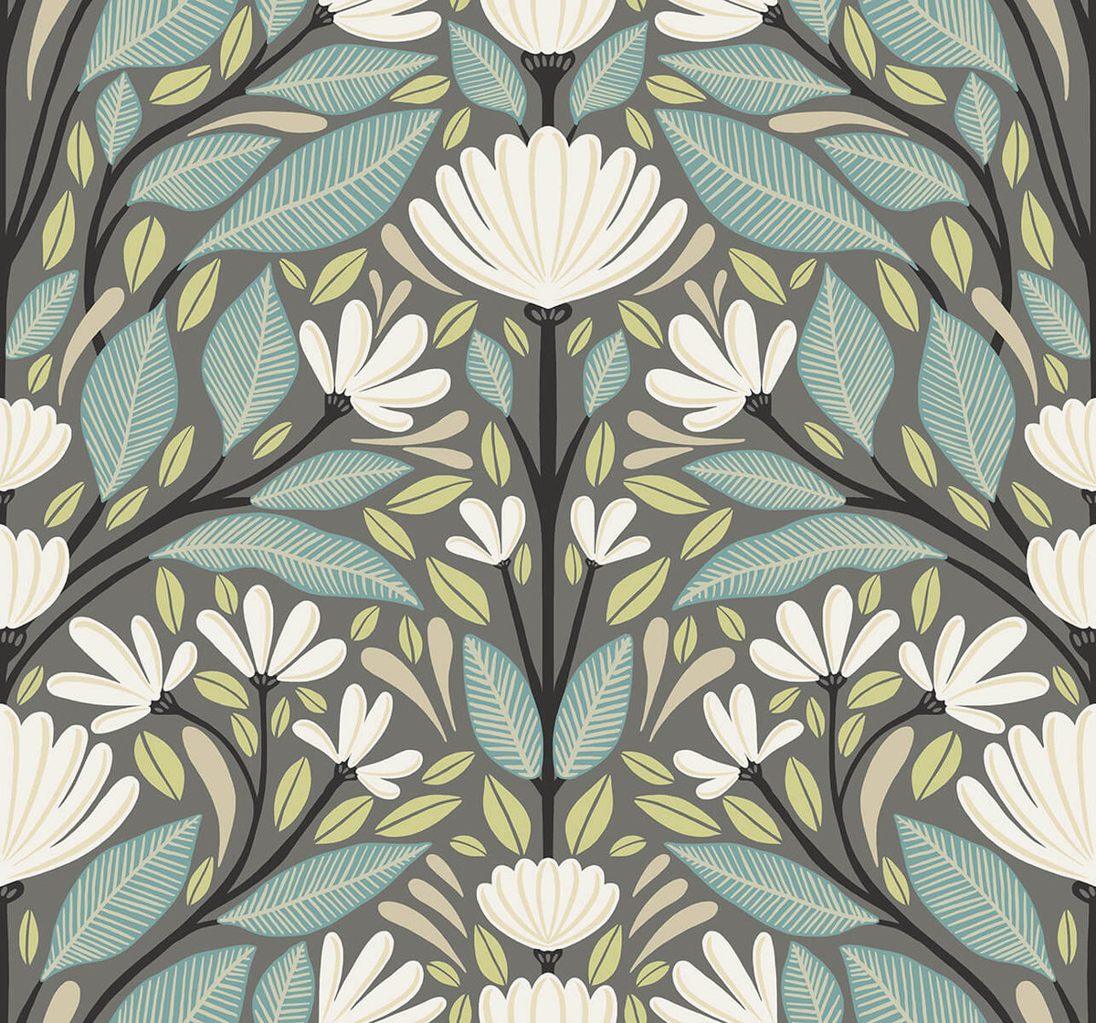 Seabrook Summer House Carmela Folk Floral Wallpaper - Spirit Grey