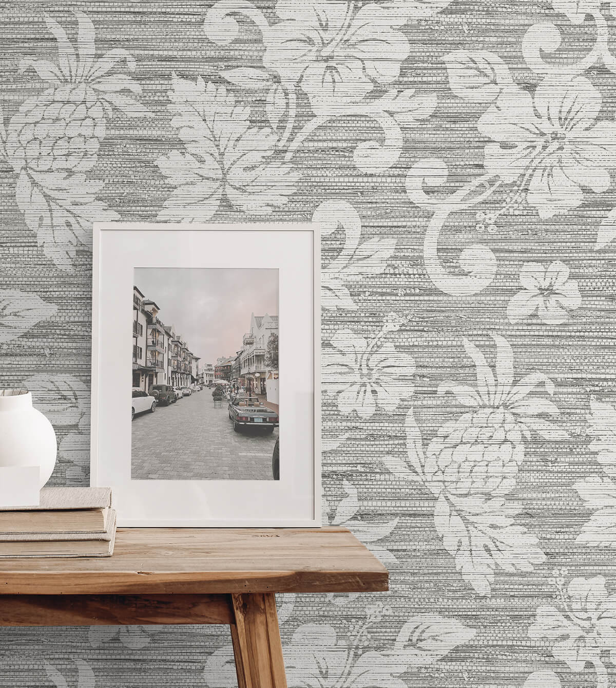 Seabrook Summer House Juno Island Floral Wallpaper Sample - Half Moon Grey
