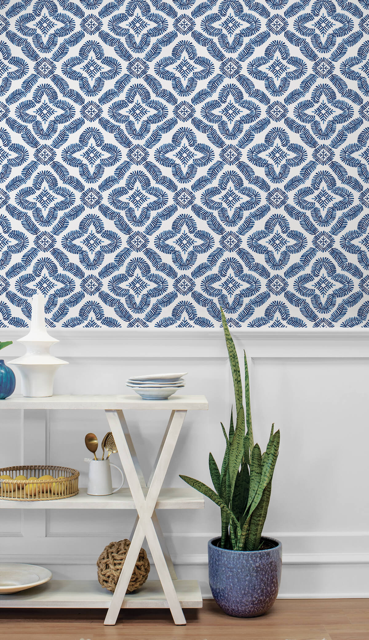 Seabrook Summer House Talia Botanical Medallion Wallpaper Sample - Cottage Blue