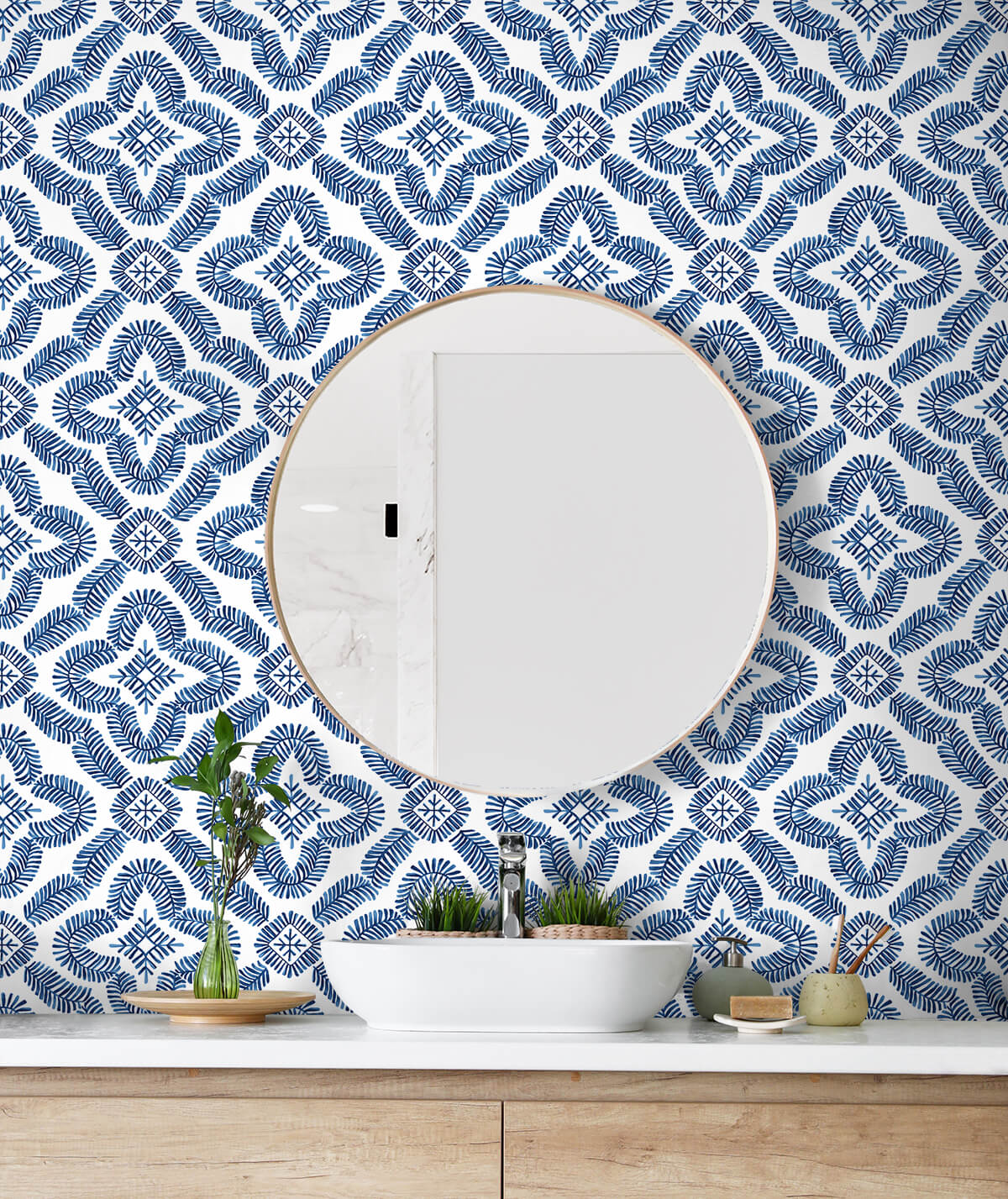 Seabrook Summer House Talia Botanical Medallion Wallpaper Sample - Cottage Blue