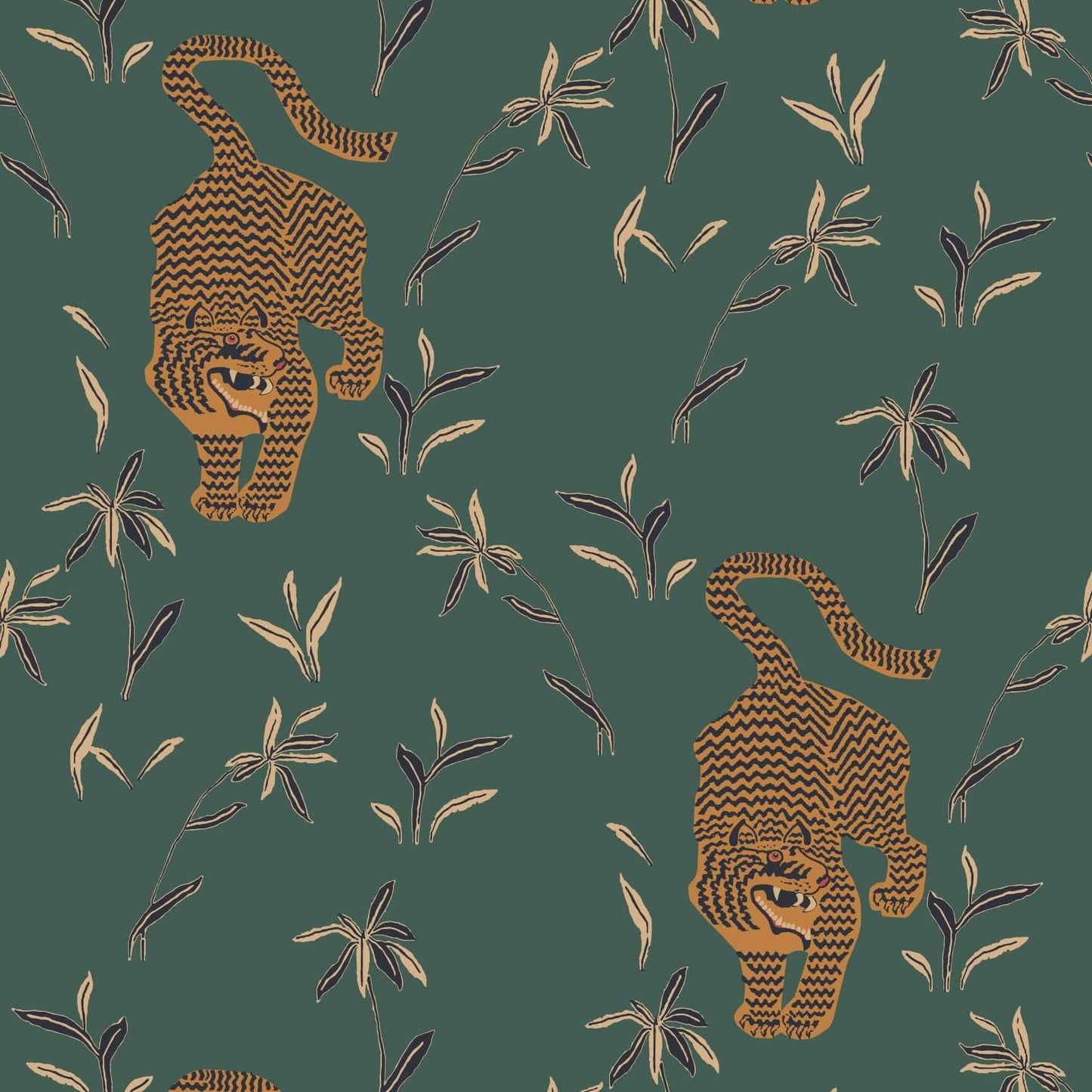 Mitchell Black Stalking Tiger Wallpaper Sample - Spruce Green